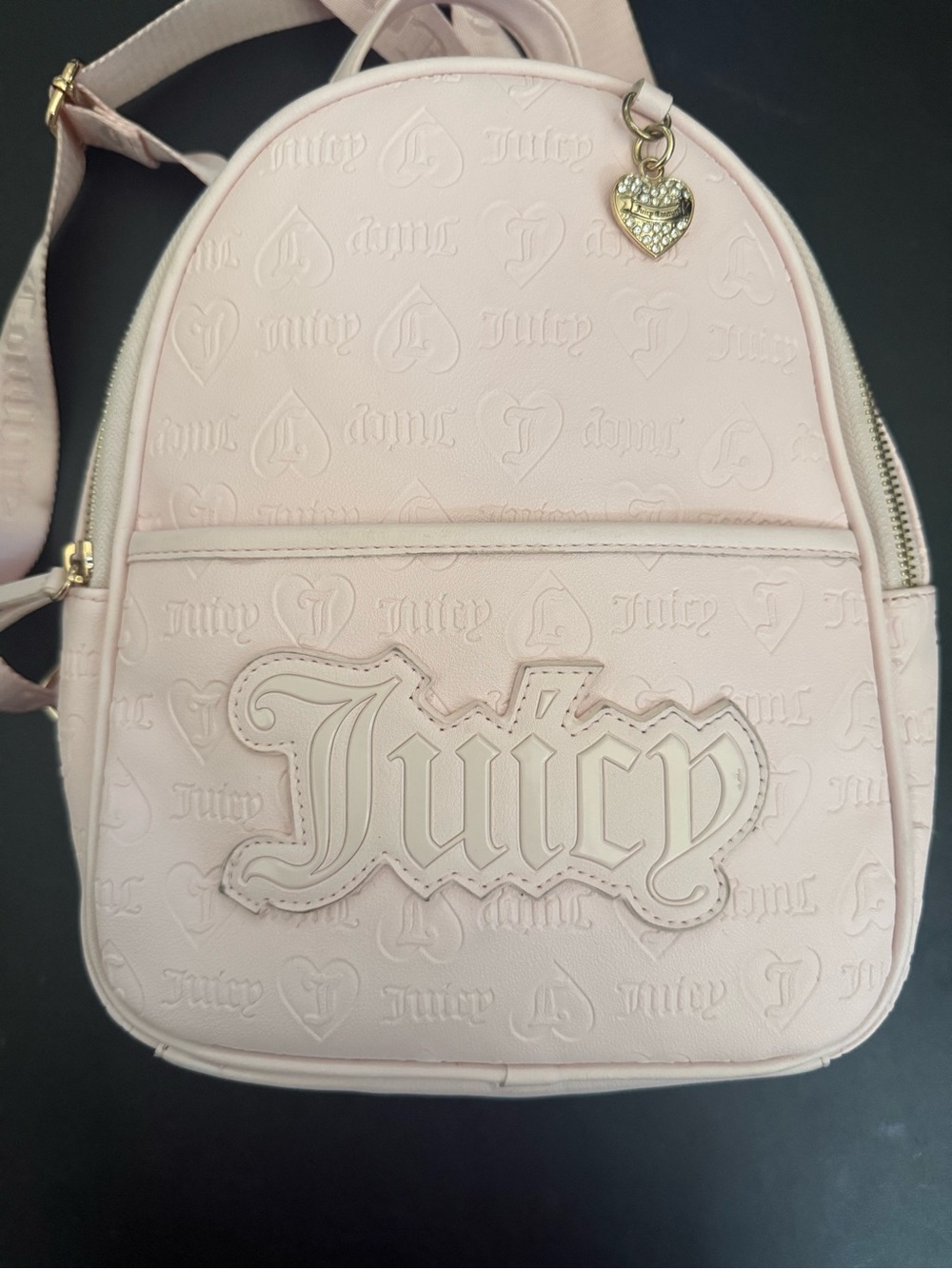 Juicy Couture Blush Pink Mini Backpack with Embossed Logo Rhinestone Heart Charm